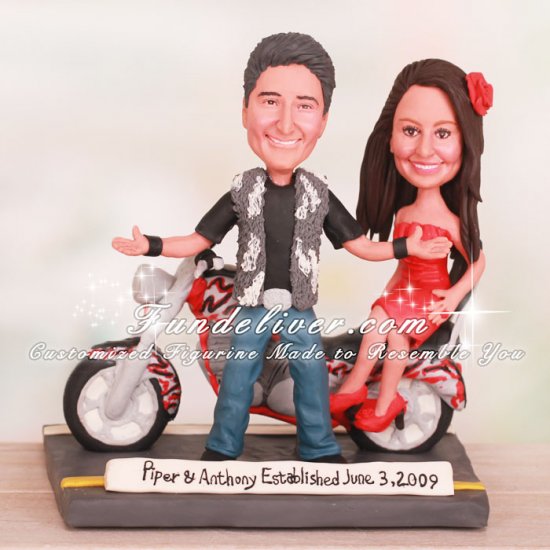 Bride Sitting Sideway on Motorcycle Wedding Cake Toppers - Click Image to Close