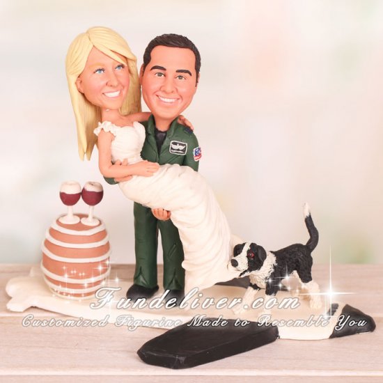 Groom Carrying Bride with Dog Tugging on the Train of Dress Cake Toppers - Click Image to Close