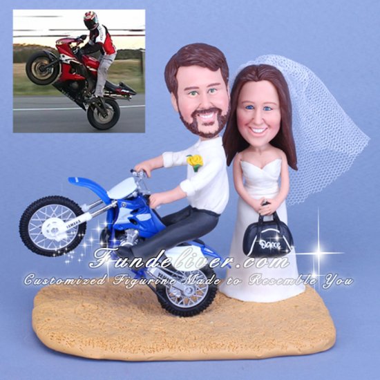 Groom Doing Wheelie on Motorcycle Wedding Cake Toppers - Click Image to Close