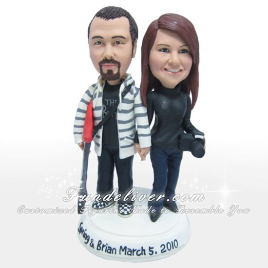 Vintage Guitarist and Camerist Cake Topper, Guitar Player and Photographer Cake Topper - Click Image to Close