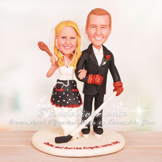 Hockey Player Groom and Housewife Wedding Cake Toppers - Click Image to Close