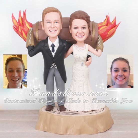 Tar Barrel Cake Topper with Bride and Groom Holding Flaming Barrel on a Stump - Click Image to Close