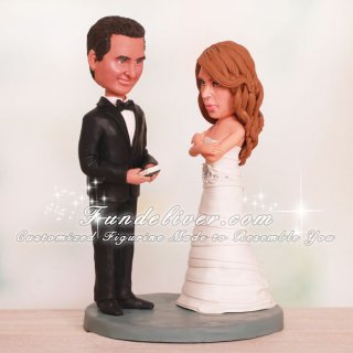 Texting Groom and Annoyed Bride Wedding Cake Toppers