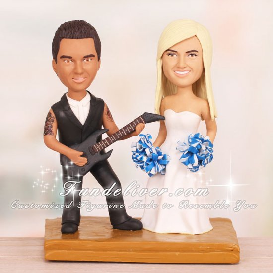 Cheerleader Bride and Groom Playing Guitar Wedding Cake Toppers - Click Image to Close
