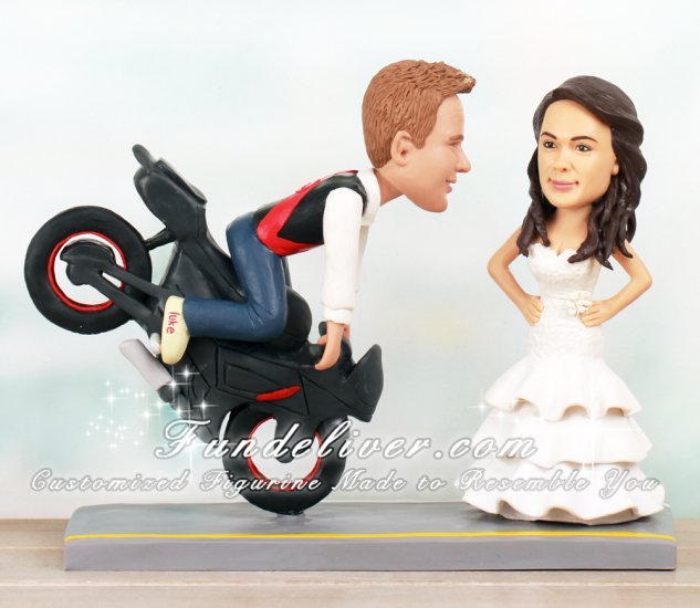 Motorcycle Wedding Cake Topper with Groom Doing a Stoppie in a Soccer Jersey - Click Image to Close