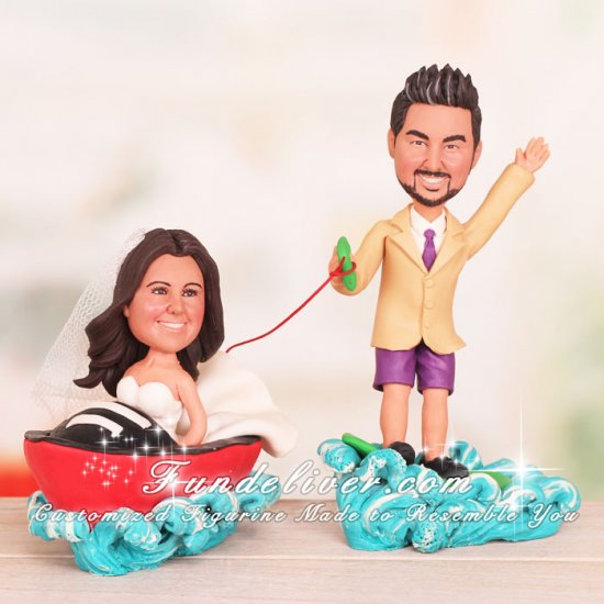 Bride Driving Speed Boat Groom on Wakeboard Wakeboarding Cake Toppers - Click Image to Close