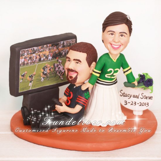 Bride Dragging Groom Away From Football Game Wedding Cake Toppers - Click Image to Close