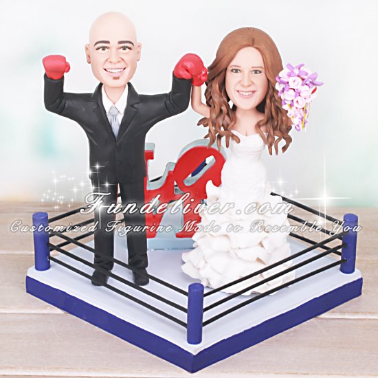 Love Cake Topper with Bride and Groom in a Boxing Ring Wearing Gloves - Click Image to Close