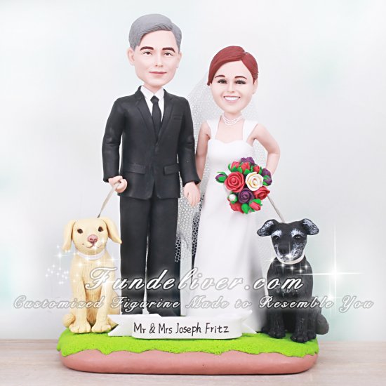 Dog Wedding Cake Toppers with Bride and Groom in Front of Boston Skyline - Click Image to Close