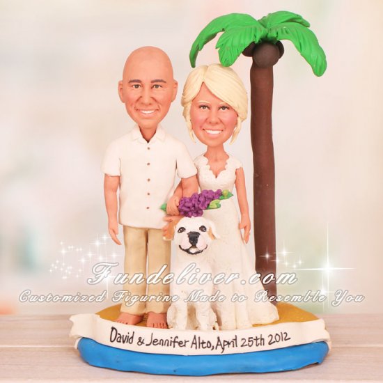 Beach Theme Bride Groom and Dog Wedding Cake Toppers - Click Image to Close