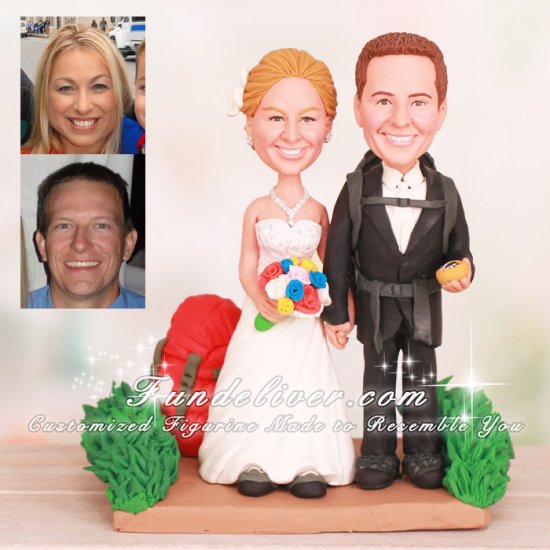 Bride and Groom on a Trail Hiking Wedding Cake Toppers - Click Image to Close