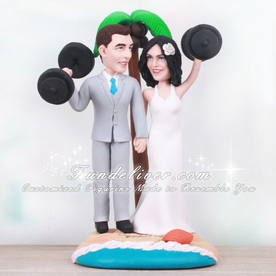 Tropical Wedding Cake Toppers with Weightlifting Bride and Groom - Click Image to Close