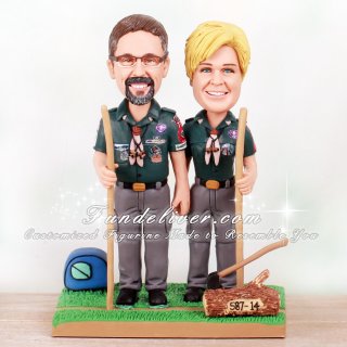 Bride and Groom Scoutmaster Boy Scout Cake Toppers with Axe and Personalized Log