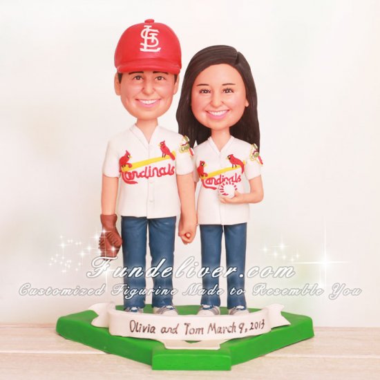 Couple Standing on Baseball Diamond Cardinals Theme Wedding Cake Toppers - Click Image to Close
