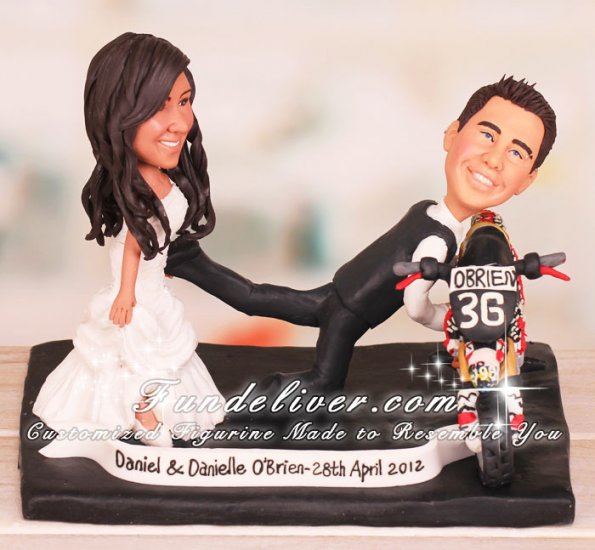 Bride Dragging Groom Off the Bike Wedding Cake Toppers - Click Image to Close