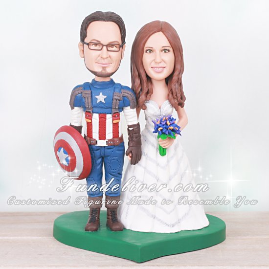 Captain America Cake Topper with Superhero Groom and Bride in a Wedding Gown - Click Image to Close