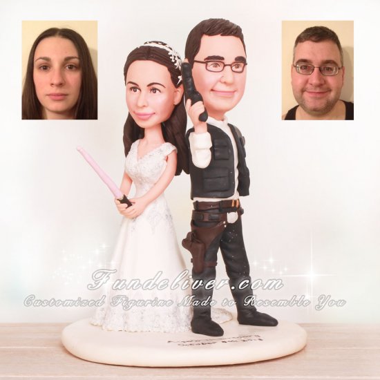 Groom Holding Blaster Bride Holding Light Saber Star Wars Wedding Cake Toppers - Click Image to Close