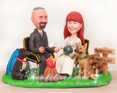 Camping Cake Toppers with Campfire, Tent, Logs and Two Dogs