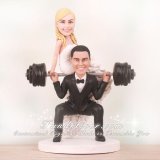 Groom Doing Squat Bride Sitting on Barbell Cake Toppers