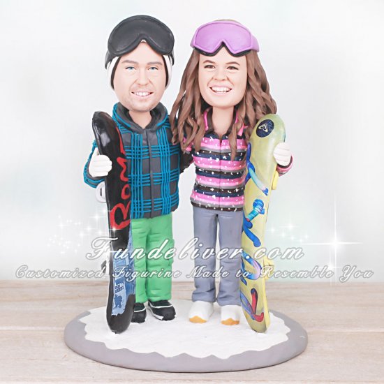 Snowboard Cake Toppers with Bride and Groom Wearing Winter Apparel - Click Image to Close