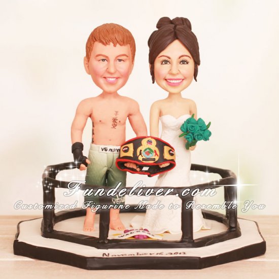 Couple Holding Championship Belt MMA Wedding Cake Toppers - Click Image to Close