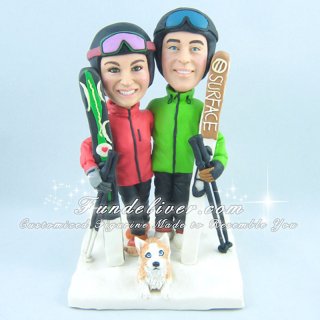 Couple Skiing Wedding Cake Topper with Dog