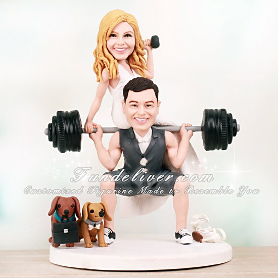 Weightlifter Cake Topper with Groom Lifting Bride on Barbell - Click Image to Close