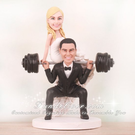 Groom Doing Squat Bride Sitting on Barbell Cake Toppers - Click Image to Close