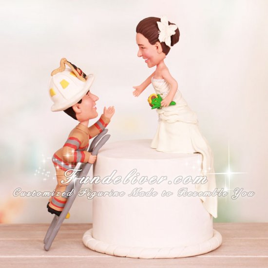 To the Rescue! Fireman Climbing Cake Saving Bride Cake Toppers - Click Image to Close
