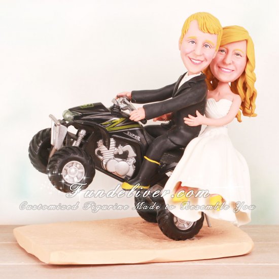 Bride and Groom Riding ATV Doing Wheelie Cake Toppers - Click Image to Close