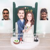 Bride and Groom in Front of Sign with Wine and Skates Cake Toppers