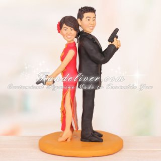 Bride in Cheongsam with Phoenix Symbol Chinese Wedding Cake Toppers