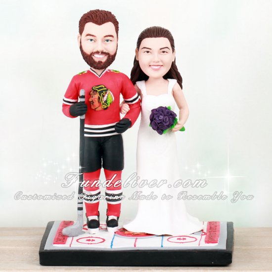 Chicago Blackhawks Wedding Cake Topper with Pug Dog and Hockey Rink Base - Click Image to Close