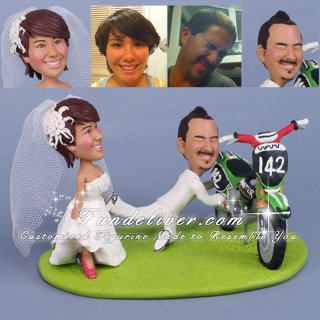 Dirt Bike Wedding Cake Topper with Bride Dragging Groom Away From Dirtbike