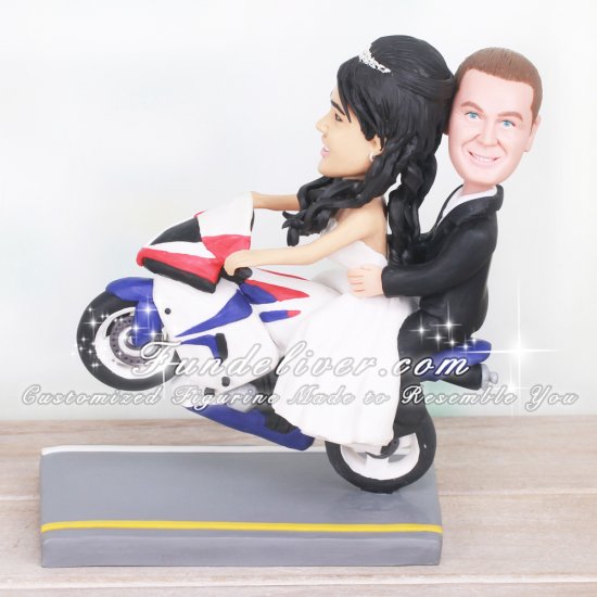 Biker Wedding Cake Toppers with Bride Giving the Groom a Ride - Click Image to Close