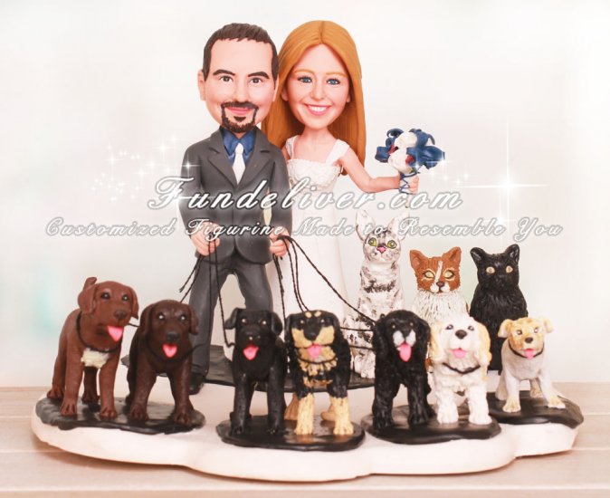 Dogs and Cats Wedding Cake Toppers with Paw Print Base - Click Image to Close