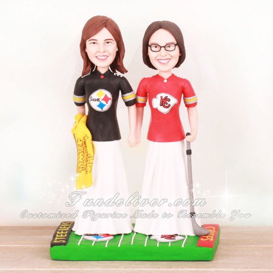 Lesbian Themed Steelers and Chiefs Football Wedding Cake Toppers - Click Image to Close