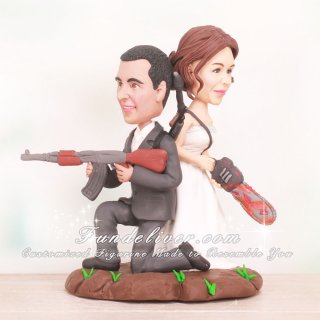 Bride and Groom Holding Weapons Zombies Fighting Cake Toppers