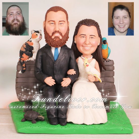 Couple Sitting on Park Bench with 4 Pets Animal Lovers Cake Toppers - Click Image to Close
