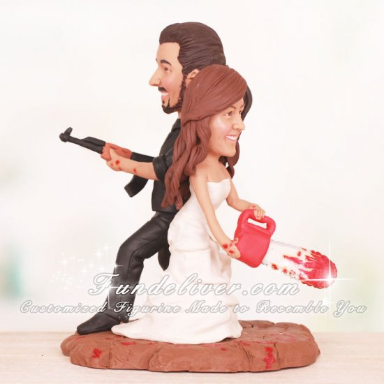 Zombie Wedding Cake Toppers with AK-47 and Chainsaw - Click Image to Close