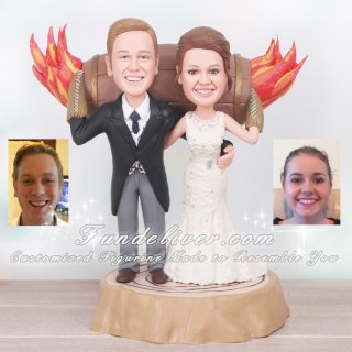 Tar Barrel Cake Topper with Bride and Groom Holding Flaming Barrel on a Stump