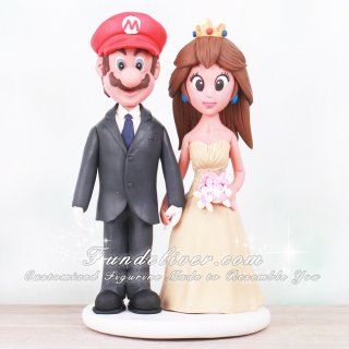 Super Mario Wedding Cake Topper with Mario in Tux & Princess Peach with Flowers