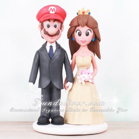 Super Mario Wedding Cake Topper with Mario in Tux & Princess Peach with Flowers - Click Image to Close