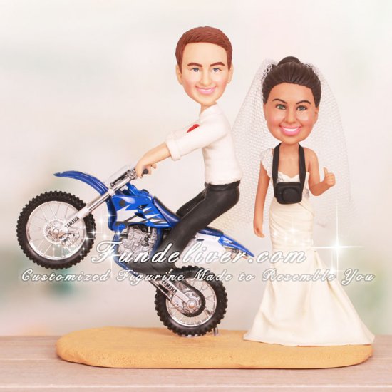Groom Doing Wheelie on Yamaha Dirtbike Wedding Cake Toppers - Click Image to Close