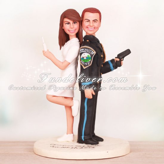 Police Officer with Gun and Nurse Holding Needle Wedding Cake Toppers - Click Image to Close