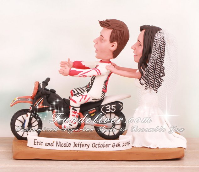 Bride Pulling Groom Away From Dirt bike Cake Toppers - Click Image to Close