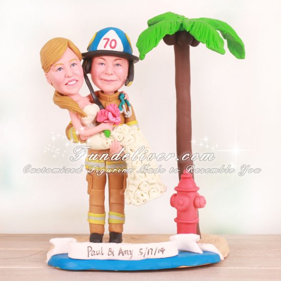 Beach Theme Firefighter Wedding Cake Toppers - Click Image to Close