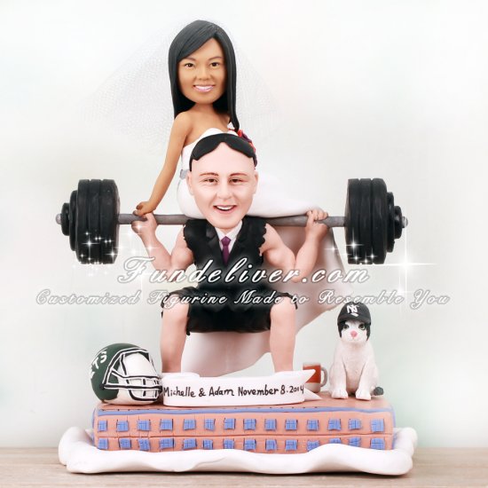 Funny Wedding Cake Toppers with Groom Lifting Bride and Sports and Gym Theme - Click Image to Close