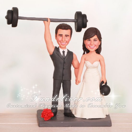 Groom Holding Barbell Bride Holding Kettle Bell Wedding Cake Toppers - Click Image to Close