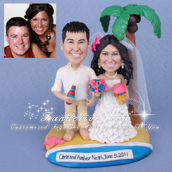 Tropical Bride and Groom Wedding Cake Topper with Palm Trees - Click Image to Close